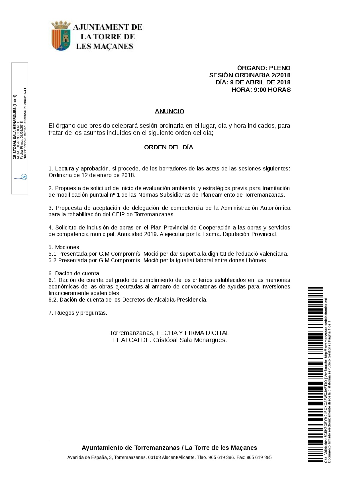Sesión plenaria ordinaria 09 de abril de 2018