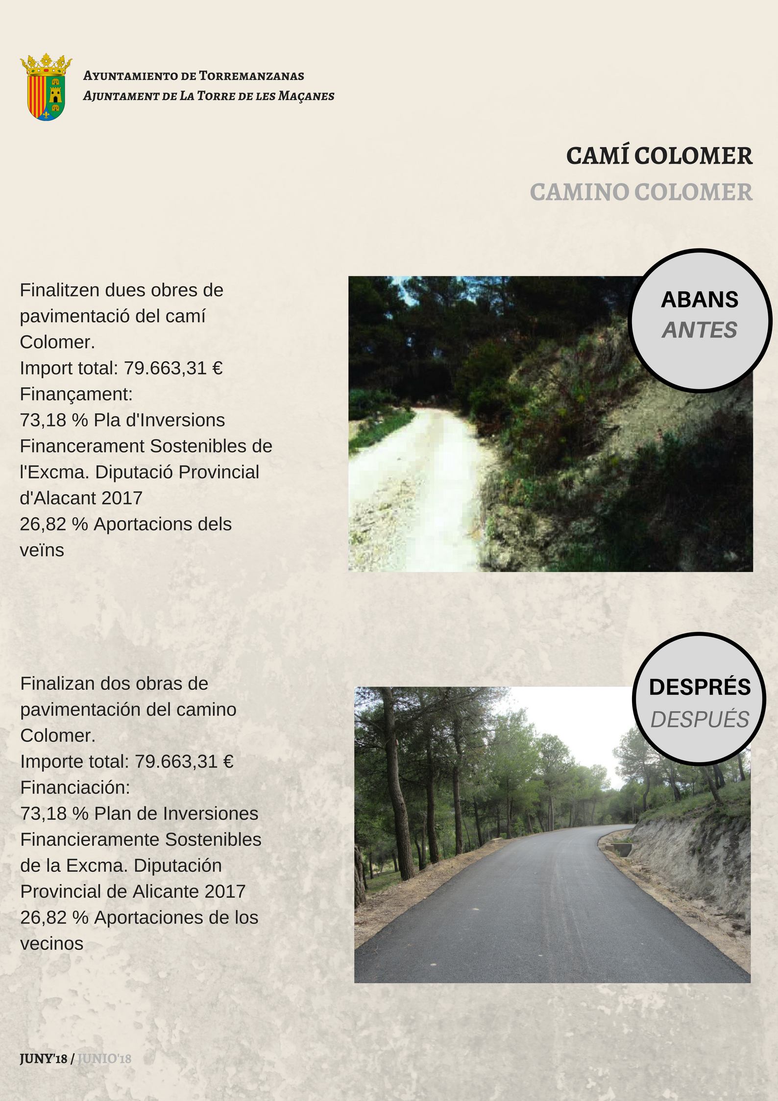 Finalizan dos obras de pavimentación del Camino Colomer